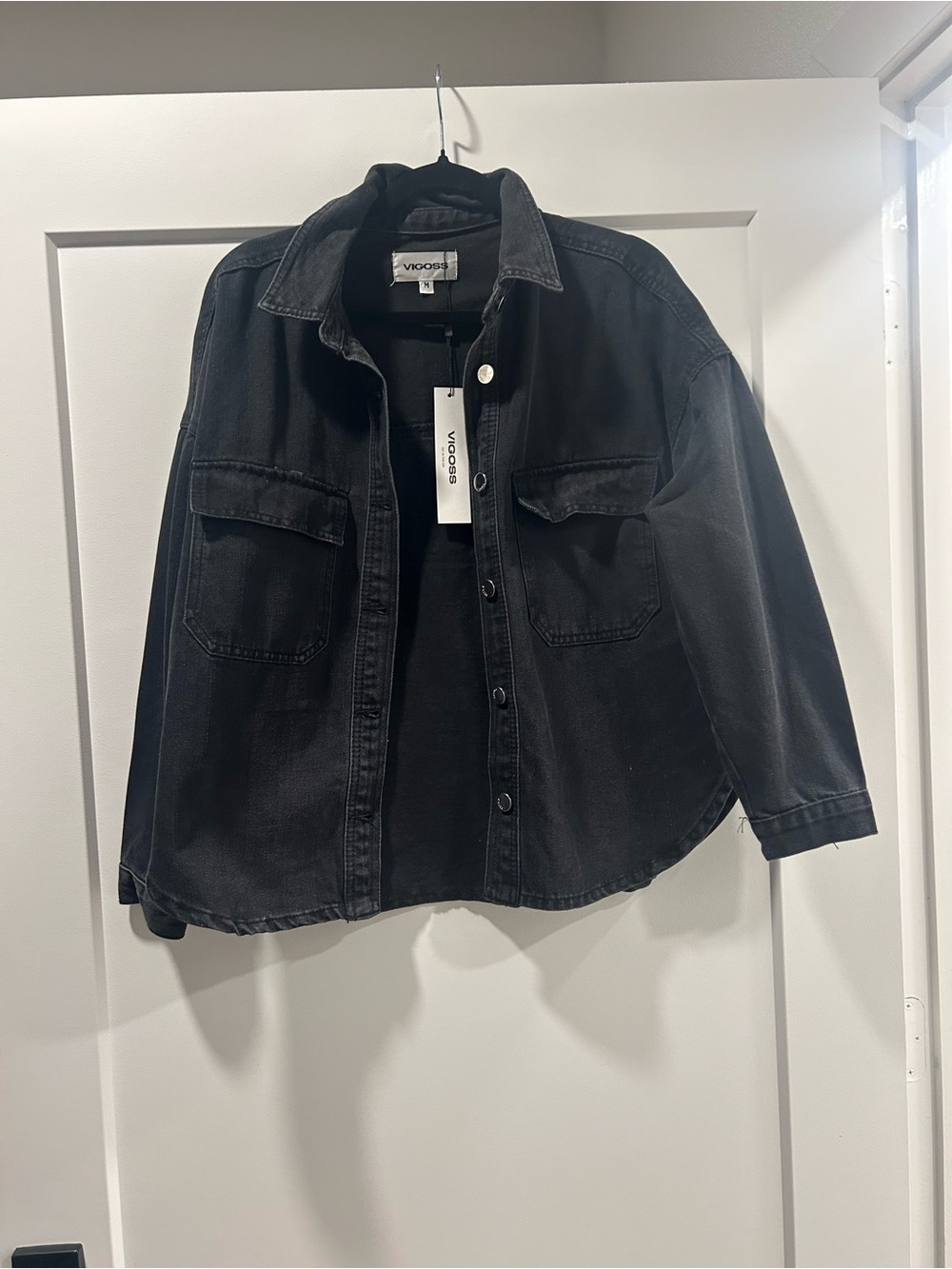 Vigoss Washed Black Relaxed Denim Jacket with Chest Pockets